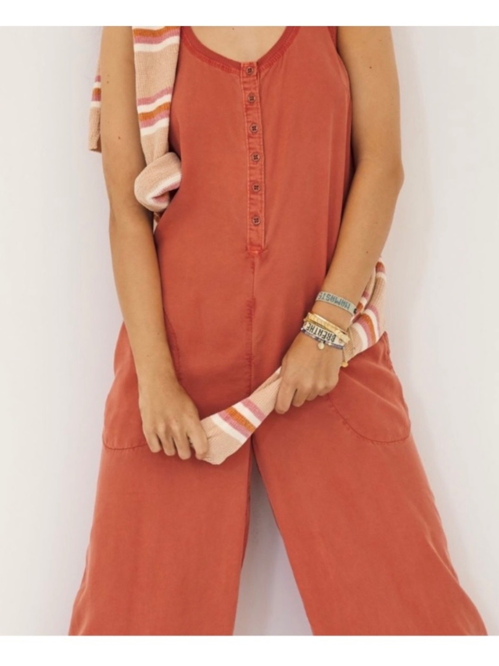Anthropologie Saturday Sunday Ilene Button Front Jumpsuit Orange Pockets Fall Sm